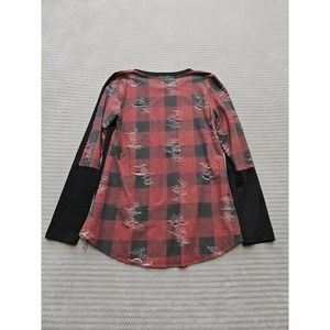 12PM By Mon Ami Shirt Womens Small Red & Gray Plaid Distressed Long Sleeve